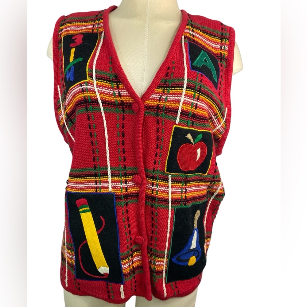 Victoria Jones Woman Red Multicolor Sweater Vest Vintage School Teacher